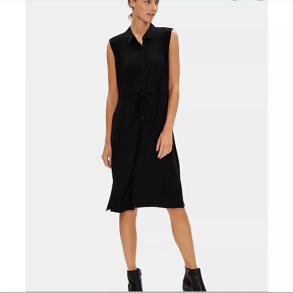 EILEEN FISHER Sleeveless Lightweight Button Front Drawstring Midi Shirt Dress XS - Picture 1 of 9